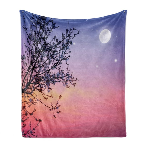 Night Soft Flannel Fleece Throw Blanket, Dreamlike Ethereal Sky with Moon Stars and Blooming Spring Tree Branches, Cozy Plush for Indoor and Outdoor Use, 50" x 70", Blue Pale Pink Black, by Ambesonne