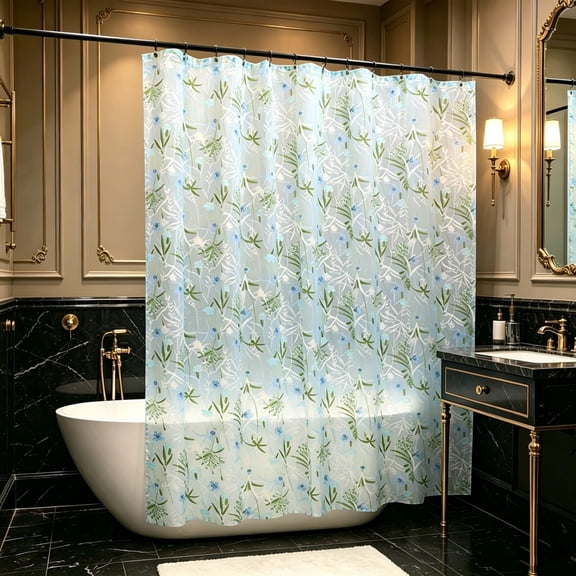 LOWLHOME Waterproof Floral Print Shower Curtain, 70.9x31.5 In Plastic Bathroom Curtain with Hooks, Heavy Duty Multi-Use Bath Curtain, Tear Resistant Shower Partition Curtain, Green
