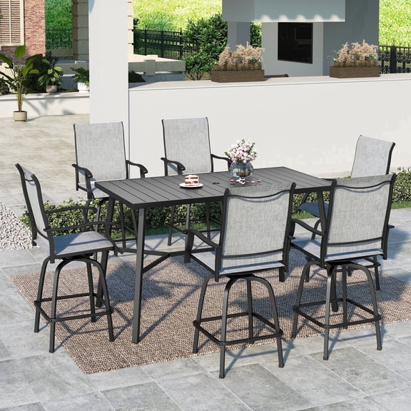 SUMMIT LIVING 7-Piece Outdoor Swivel Bar Stool Set with Table, 6 Metal Patio Counter Height Chairs and 1 Metal Bar Table, Black & Gray