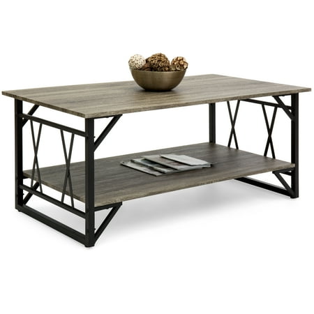 Large Open Coffee Table - Best Choice Products Modern Contemporary Wooden Coffee Table for Living Room, Office w/ Open Shelf Storage, Metal Legs - Gray