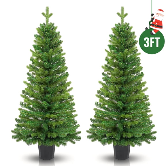 Yexmas 2-Pack 3FT Potted Christmas Trees, Artificial Potted Trees with Mixed PE & PVC, Small Potted Xmas Trees for Front Porch, Entryway Indoor Outdoor Decor