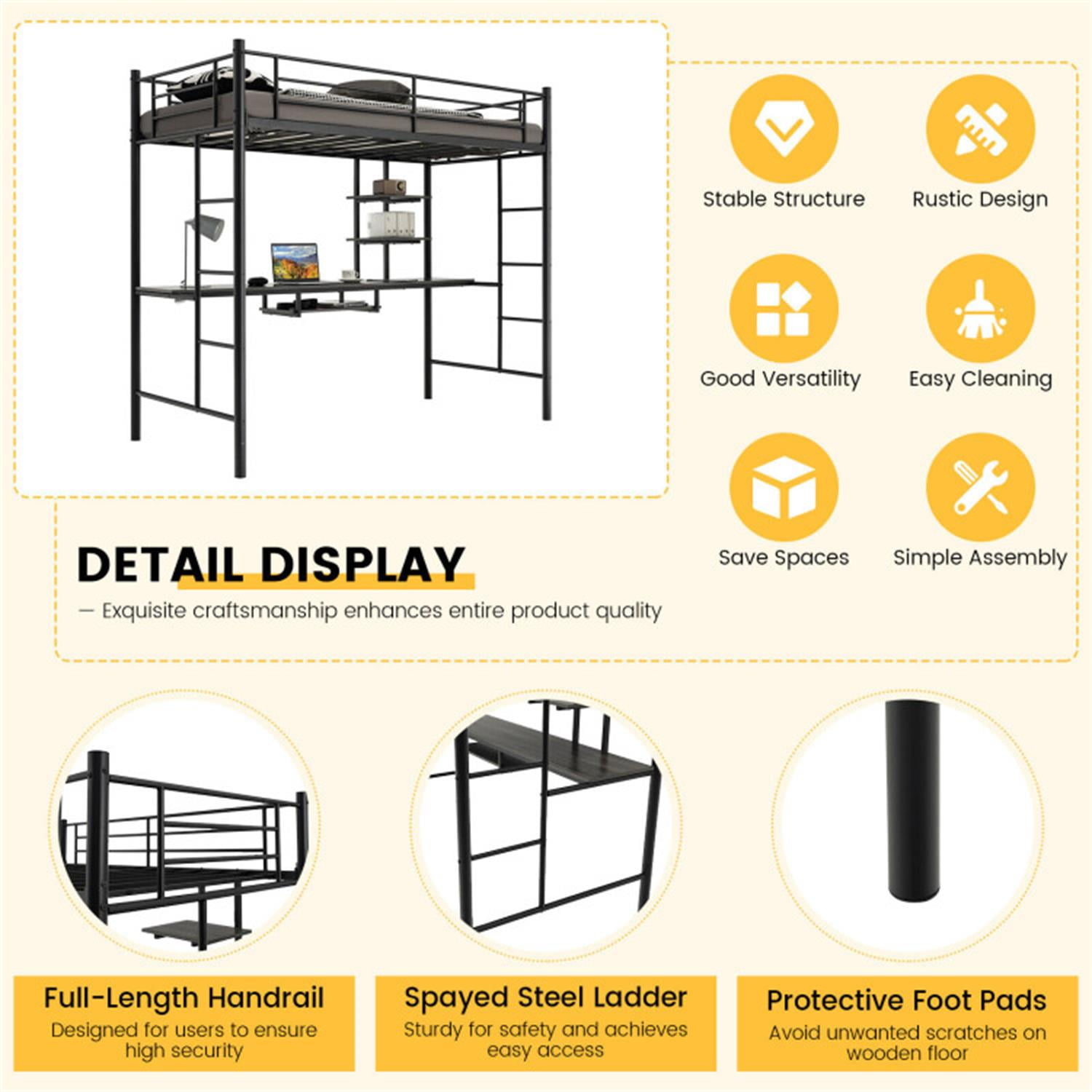Demi Bonn Twin Size Metal Loft Bunk Bed with Desk Shelf and Full Length Guardrail for Teens, Black