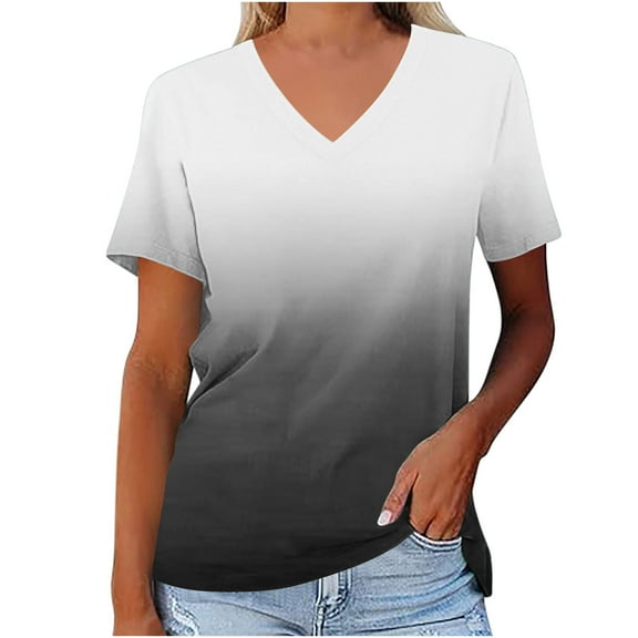 loopsun Plus Size Tops for Womens,Womens Summer Tops,Women's V-neck short sleeved printed summer bottom sweater sports T-shirt Black XXXL