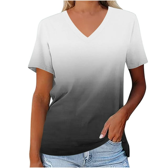FAIWAD Women's Short Sleeve V Neck T-Shirts Loose Casual Oversized Tops Spring Summer Gradient Blouse Tunic