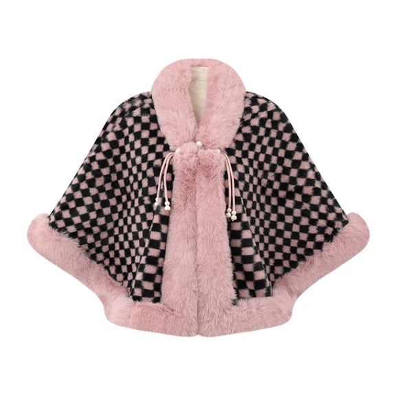 UTSJKR Women's Checkered Furry Trim Poncho Cape, Fall Winter Warm Open Front Shawl Coat, Loose Fit Outer Layer for Dating and Daily Wear Pink