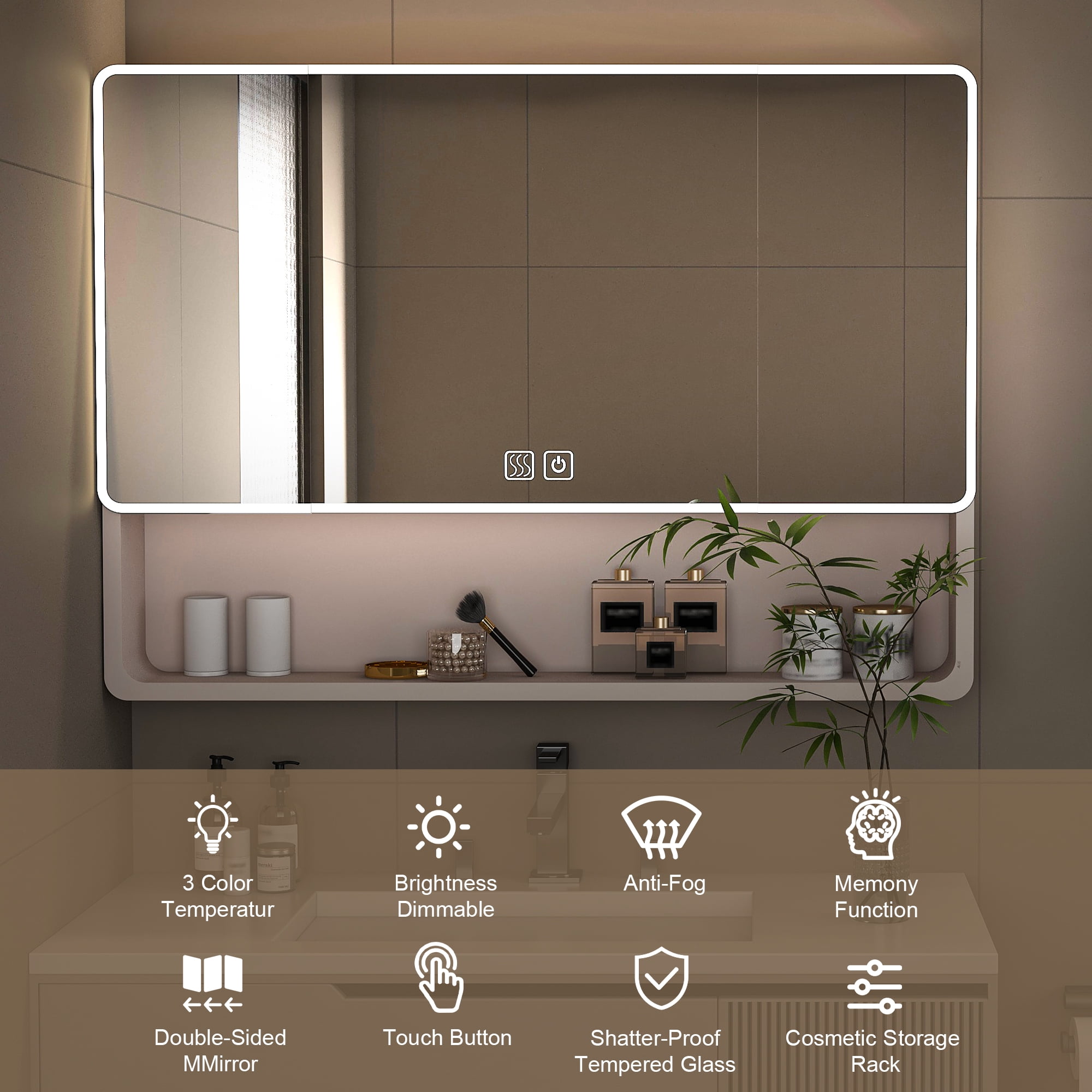 Aukfa Bathroom Medicine Cabinets Wall Cabinet with Defogging Function and LED Lights,35"x28",Khaki