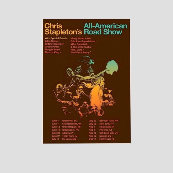 Music Poster CHRIS STAPLETON All American Roadshow 2025 Tour Poster Retro Style - Size 24''x36'' - Postora