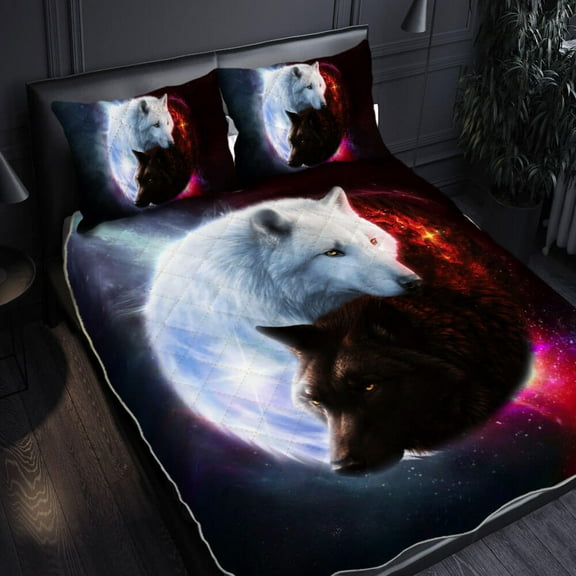Flagwix 3 Pieces Twin Size Quilt Sets, Ying Yang Wolf Quilt Bedding Set THB3765QS, Bedspread Coverlets with 2 Pillow Shams for Bedroom, Home Decor - 60" x 70"