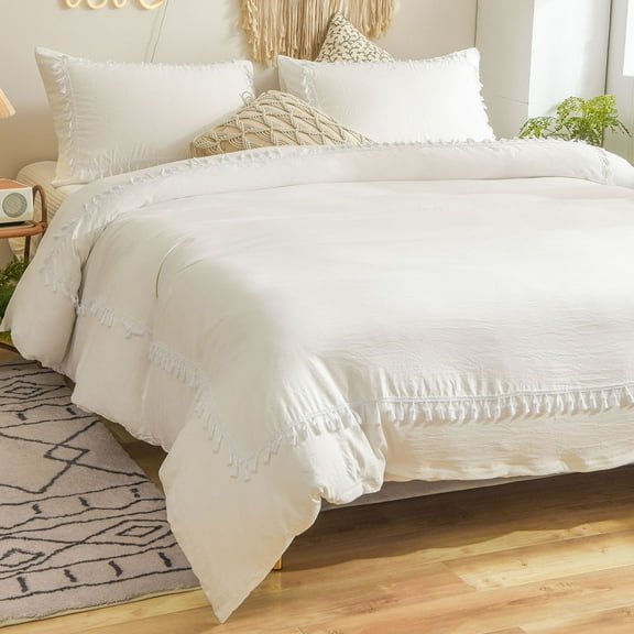 Move Over White Tassel Bedding Set Hollow Square Tassel Duvet Cover Set Pattern Washed Microfiber Queen No Filling