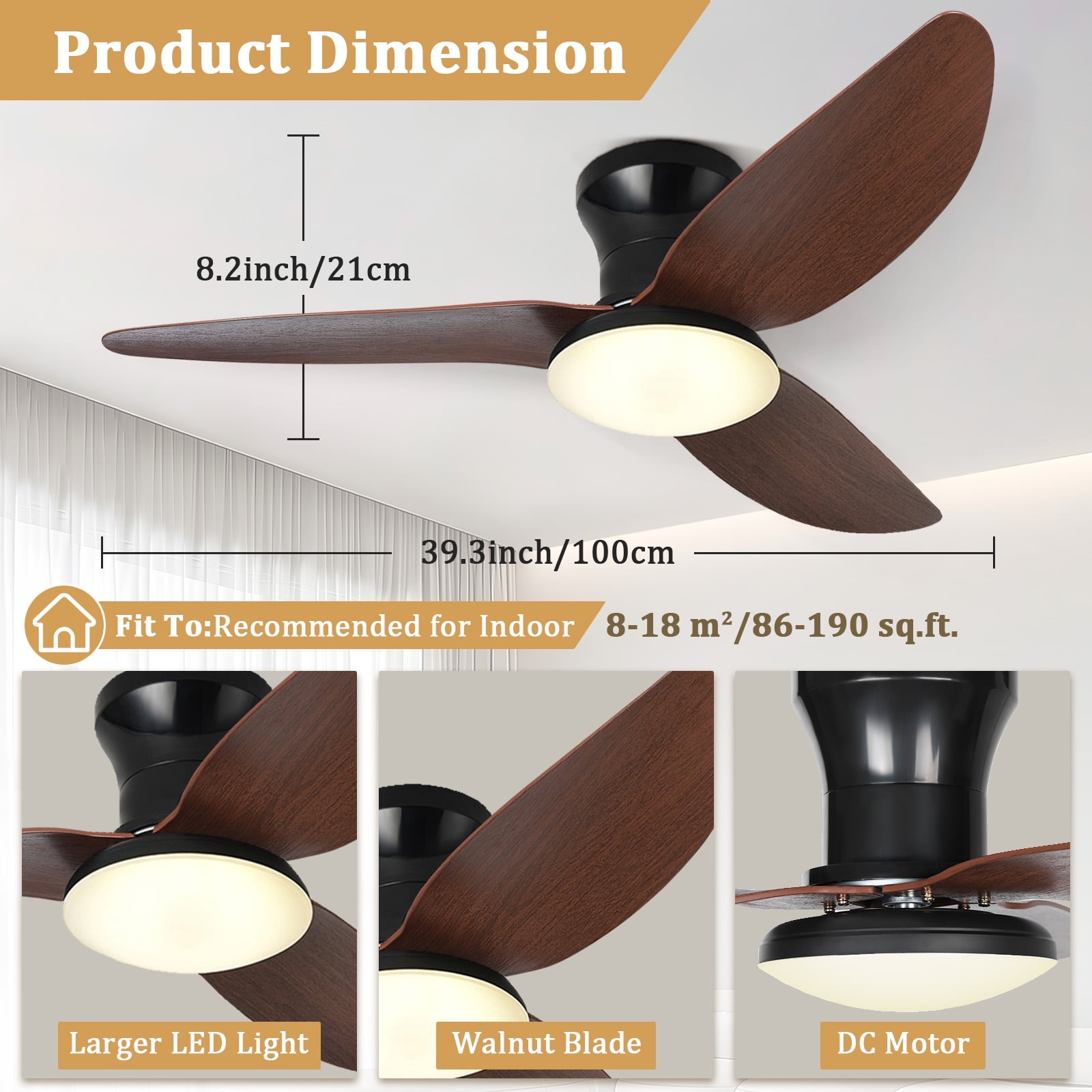 Laybasic 39" Ceiling Fans with Lights and Remote/APP Control, Flush Mount Low Profile Farmhouse LED Ceiling Fan Dimmable 6 Speed Reversible Noiseless for Bedroom, Indoor/Outdoor Use