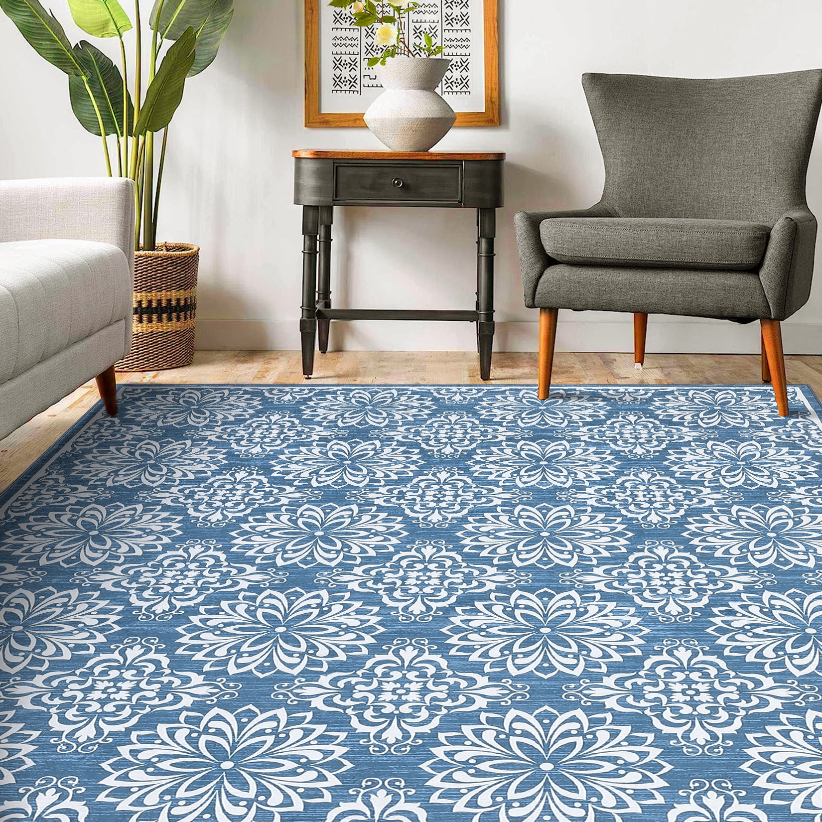 Tzou Vintage Washable Area Rugs for Living Room, 6x9 Low Pile Indoor Floral Carpet for Bedroom, Super Soft Foldale Distressed Accent Floor Mat for Dining Room, Non Shedding(Blue)