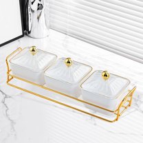 Fancyes Dried Fruit Plate Set Covered Candy Jar 3 Grid Multipurpose Cookie Jar Snacks Tray for Kitchen Dining Room Wedding Countertop White