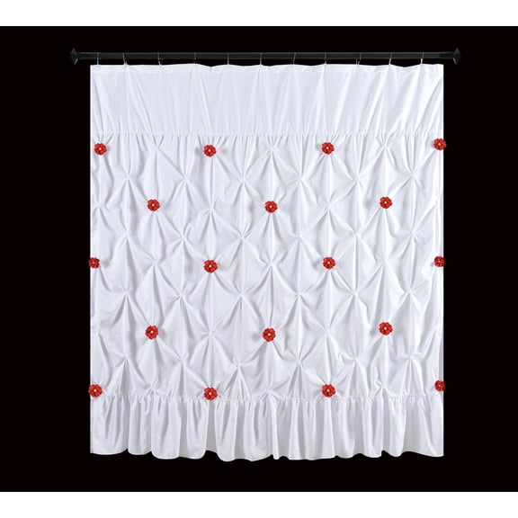 SPRING HOME PINCHED PLEAT FABRIC SHOWER CURTAIN WHITE PEARL RED FLOWER