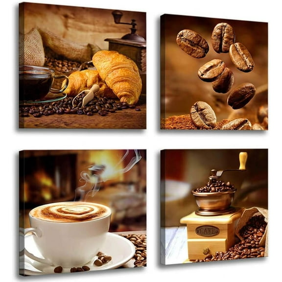 Kitchen Canvas Art Coffee Bean Coffee Cup Canvas Prints Coffee Wall Decor-4 Panels Framed Ready To Hang Coffee Image-Table Dining Room Canvas Wall Art Contemporary Pictures for Dining Home Decoration