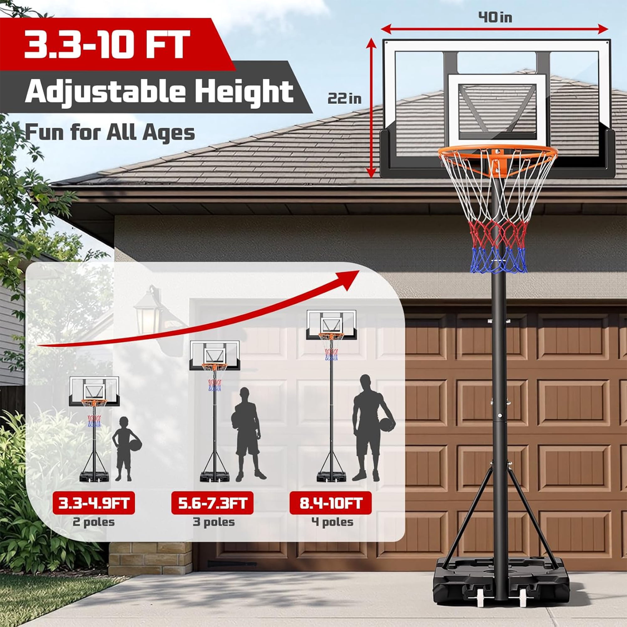 Toremore 40In. Portable Basketball Hoop, Outdoor 3.3-10 FT Height Adjustable Basketball Goal System with Shatterproof Backboard for Kids Youth Teens in Backyard/Driveway/Indoor