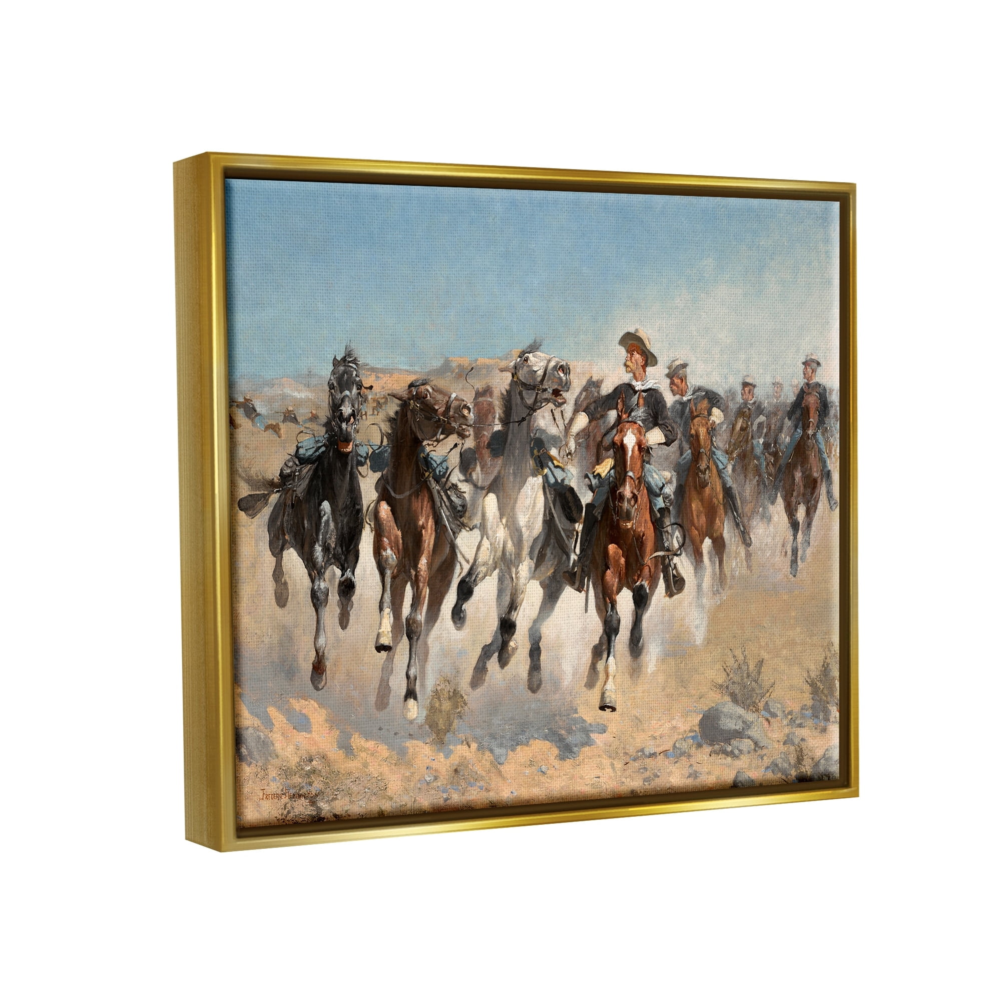 Stupell Industries Galloping Horses Herd Cowboys Trotting Desert Sand Painting Metallic Gold Floating Framed Canvas Print Wall Art, Design by Lettered and Lined