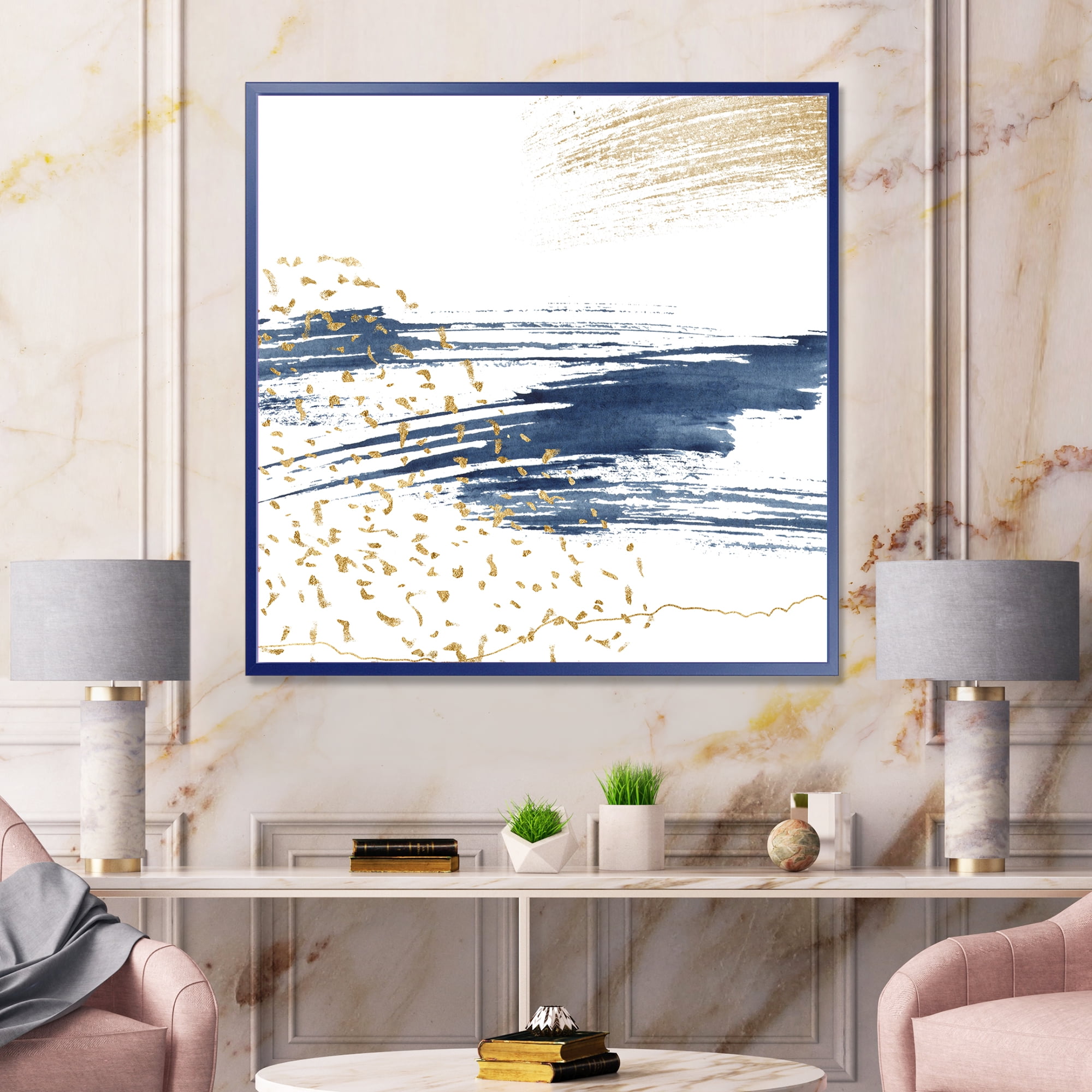 Designart 'Gold and Dark Blue and Abstract I' Modern Framed Canvas Wall Art Print