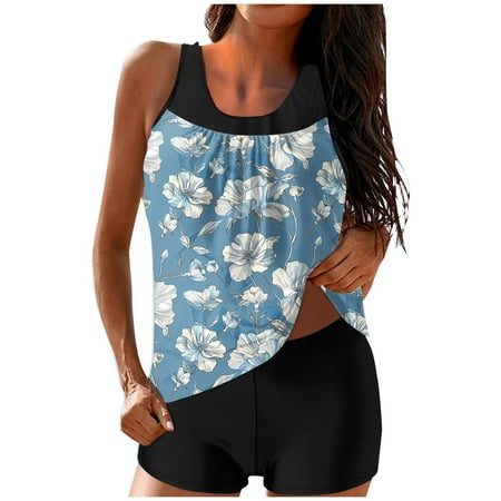 ZQGJB Blouson Tankini Swimsuits for Women Two Pieces Summer Tropical Printed Beach Flowy Swim Tank Top and Boyshorts Tummy Control Bathing Suits(Light Blue#03 XL)