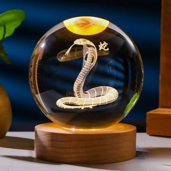 3.14in 3D Snake Crystal Ball Engraved with WoodenBase, Figurines Gift for Men Women Glass Decor Ball for Home Decor
