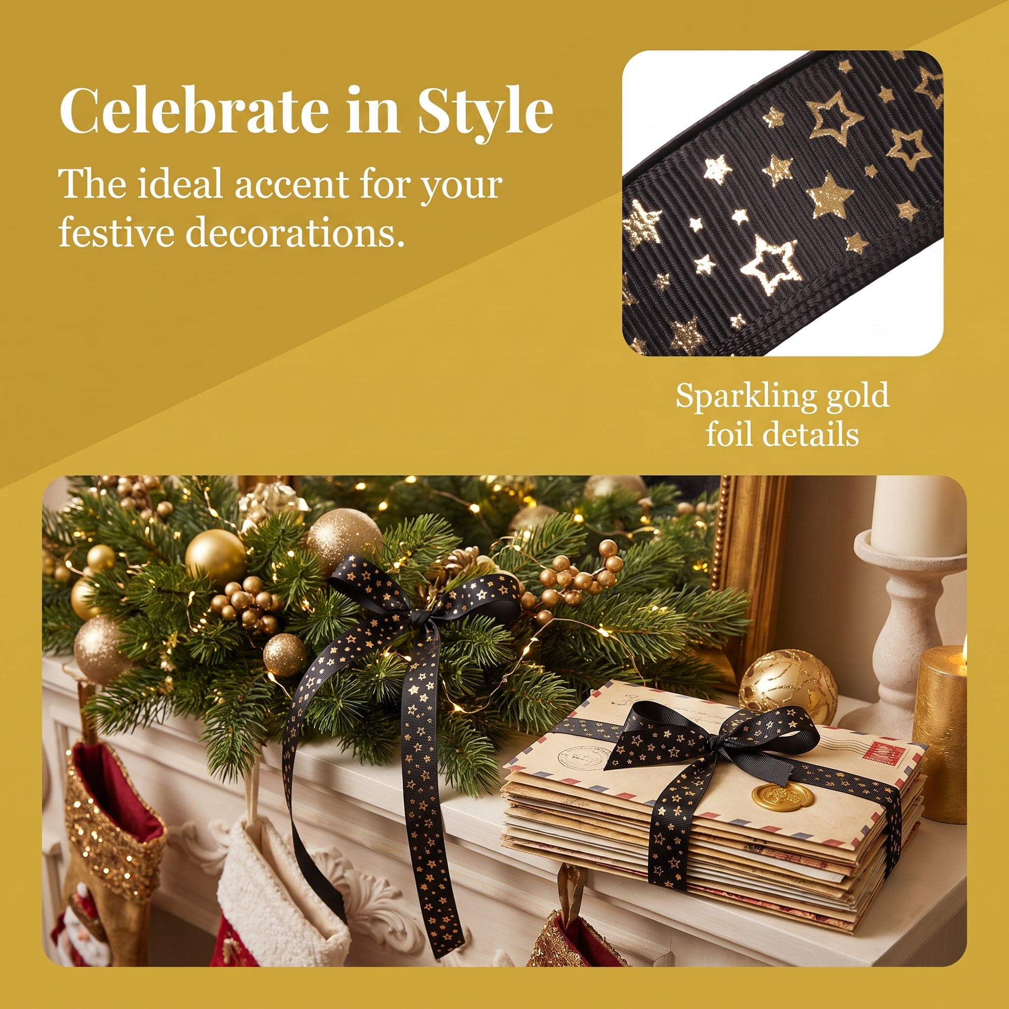 Unique Bargains Elegant Star Pattern Fabric Ribbon for Creative Presentations Black
