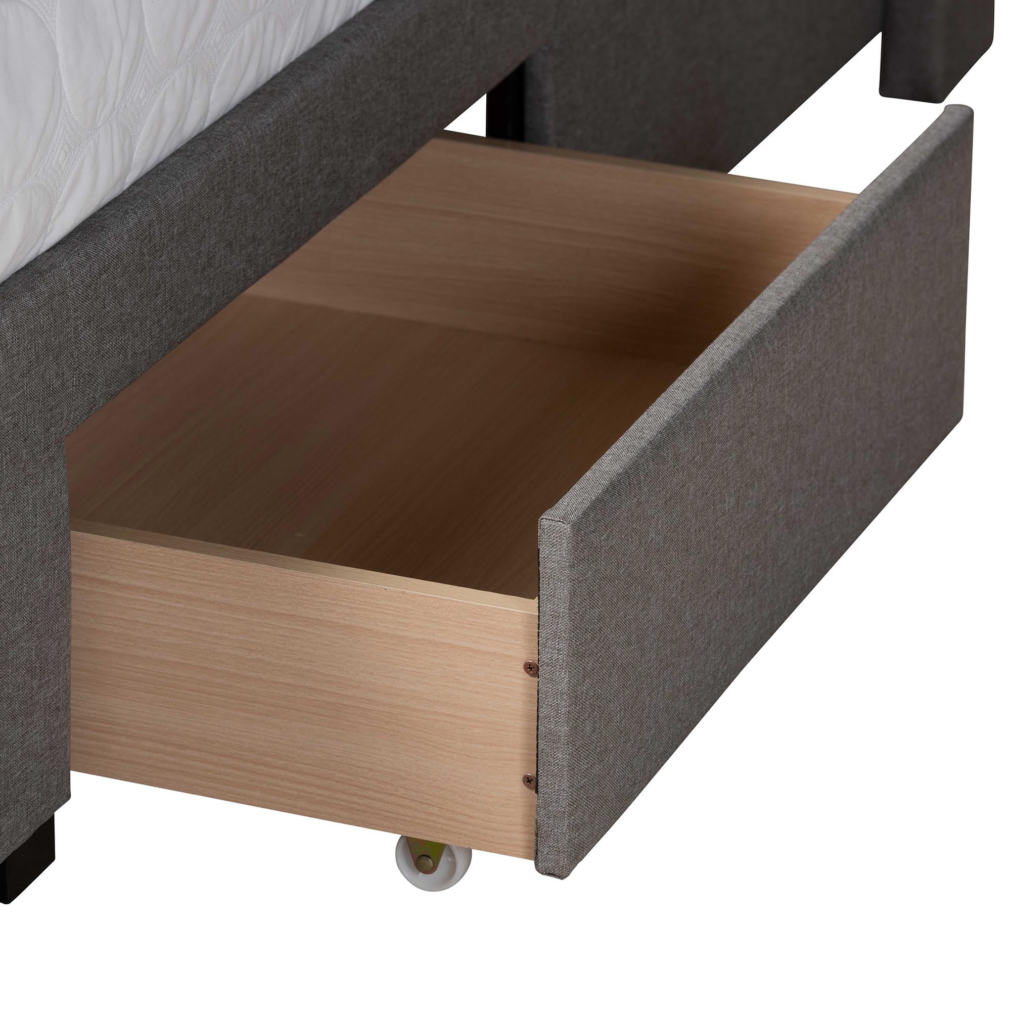 Baxton Studio Braylon Mid-Century Modern Transitional Light Grey Fabric and Dark Brown Finished Wood Queen Size 3-Drawer Storage Platform Bed