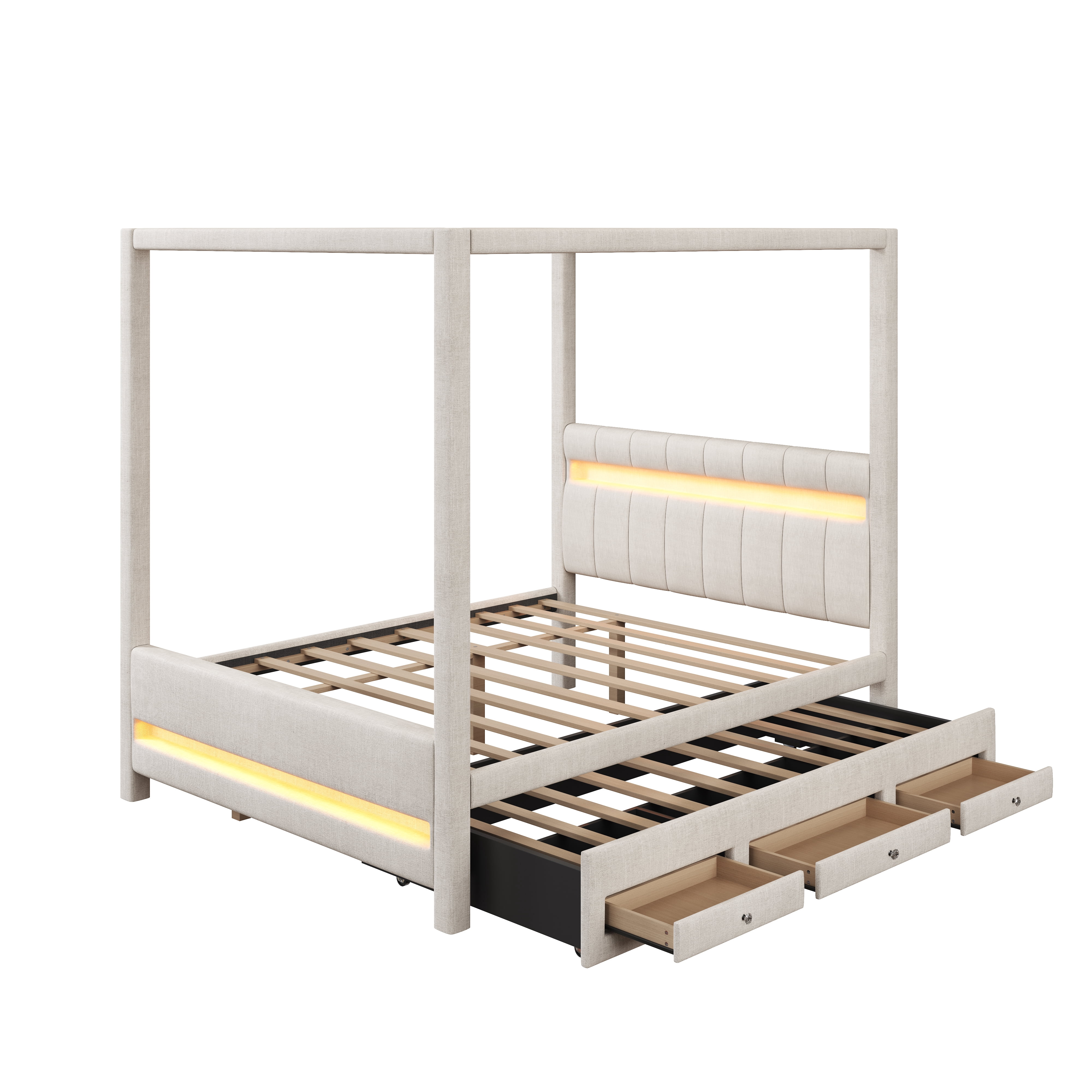 Queen Size Upholstered Canopy Platform Bed with Twin Trundle, 3 Storage Drawers and LED Lights