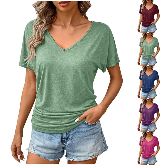 FRSASU Womens Summer T-Shirts Short Sleeve V Neck Dolman Tops with Side Shirring Loose Fit Shirts Spring Fashion Wine