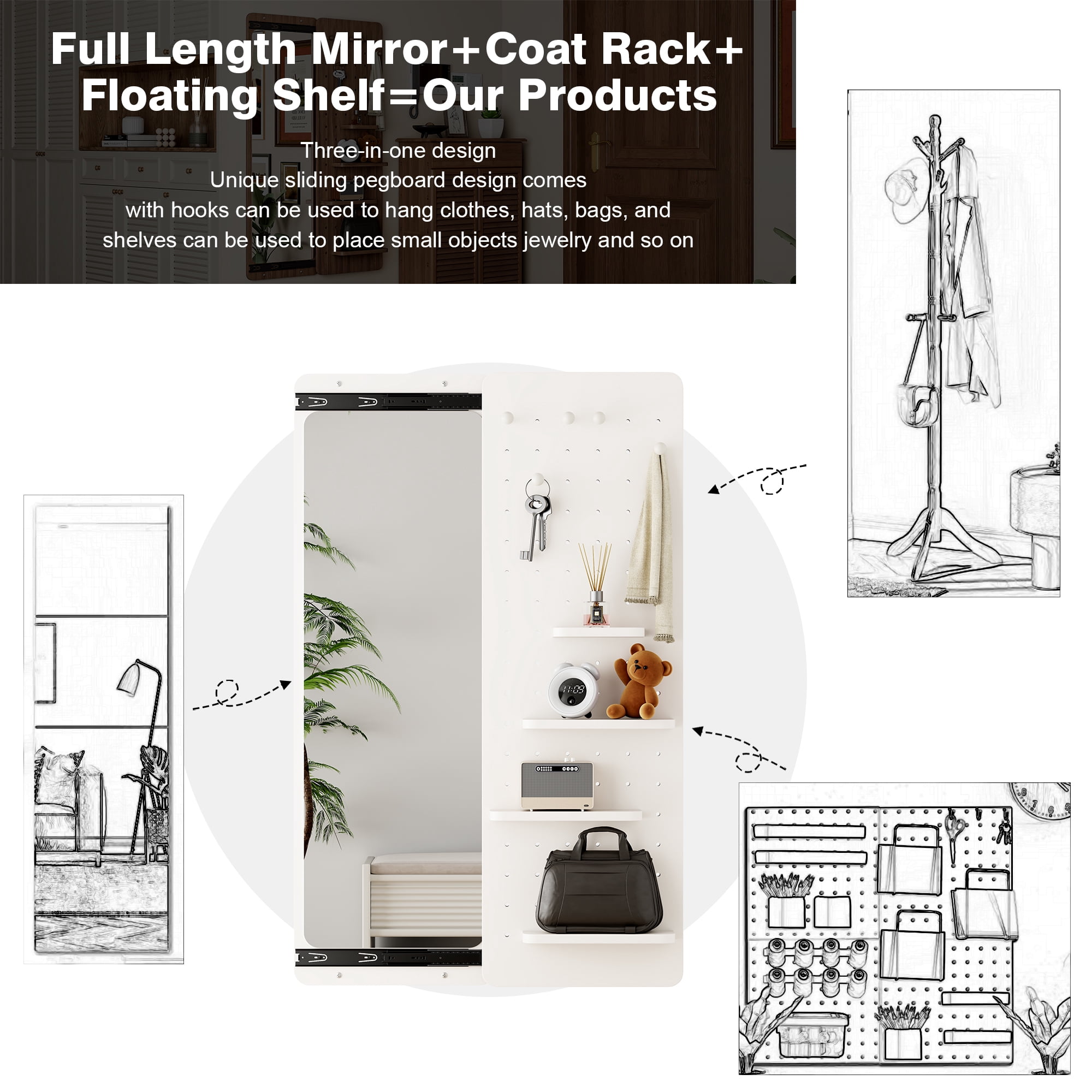 Leumius 47.6"x15.7" Full-Length Mirror, Multi-functional Design Panel Wall-Mounted Full-Length Mirror, Can be Pushed and Pulled for Bedroom Living Room Entrance White
