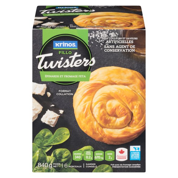 Krinos Fillo Twisters - Épinards et fromage feta, cuisiner surgele, Fabriqué au Canada Krinos Twisters Pate filo enrolee aux epinards et feta 840g