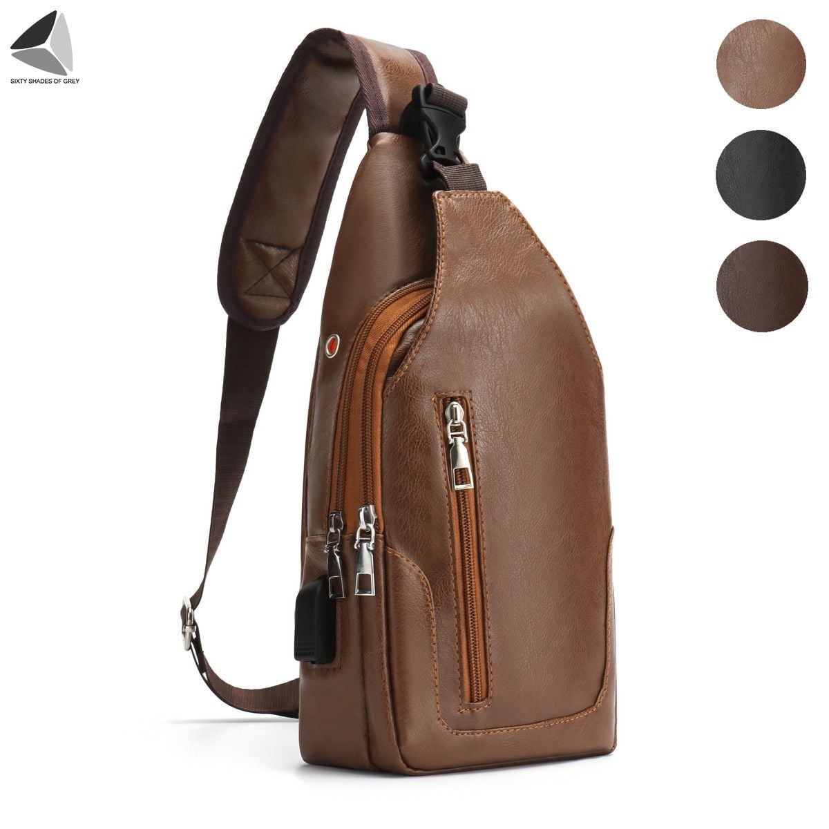 Men's SixtyShadesofGrey Men's Leather Sling Bag Chest Shoulder Backpack Crossbody Bag with USB Port Black