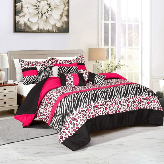 EvJk 7 Pieces Leopard Print Comforter Set Color Block Patchwork Bed in A Bag, Pink and Black, Queen