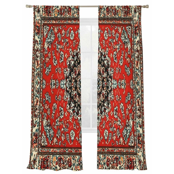 Red Boho Sheer Curtains 96 Inch Length 2 Panels Set, Semi Transparent Voile Rod Pocket Curtains for Living Dining Room Bedroom Drapes Vintage Farmhouse Abstract Floral Aesthetic