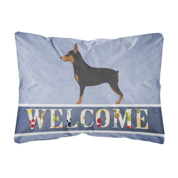 Carolines Treasures BB8323PW1216 Miniature Pinscher Welcome Canvas Fabric Decorative Pillow, Blue, 12H x16W, multicolor