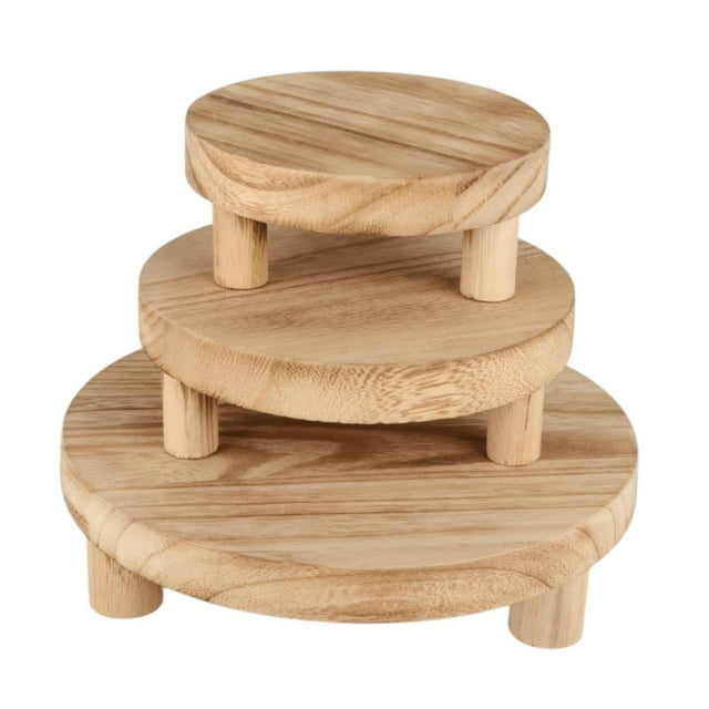 jinwen 3 Pieces Wooden Plant Display Stand Riser Cake Stand for Home Kitchen Sturdy Light Brown