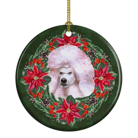 White Standard Poodle Poinsetta Wreath Ceramic Ornament 2.8 in x 2.8 in