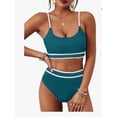 thumbnail image 4 of Top-kevin Women's High Waisted Bikini Ribbed Two Piece Swimsuit High Cut Color Block Adjustable Straps Bathing Suit, 4 of 10