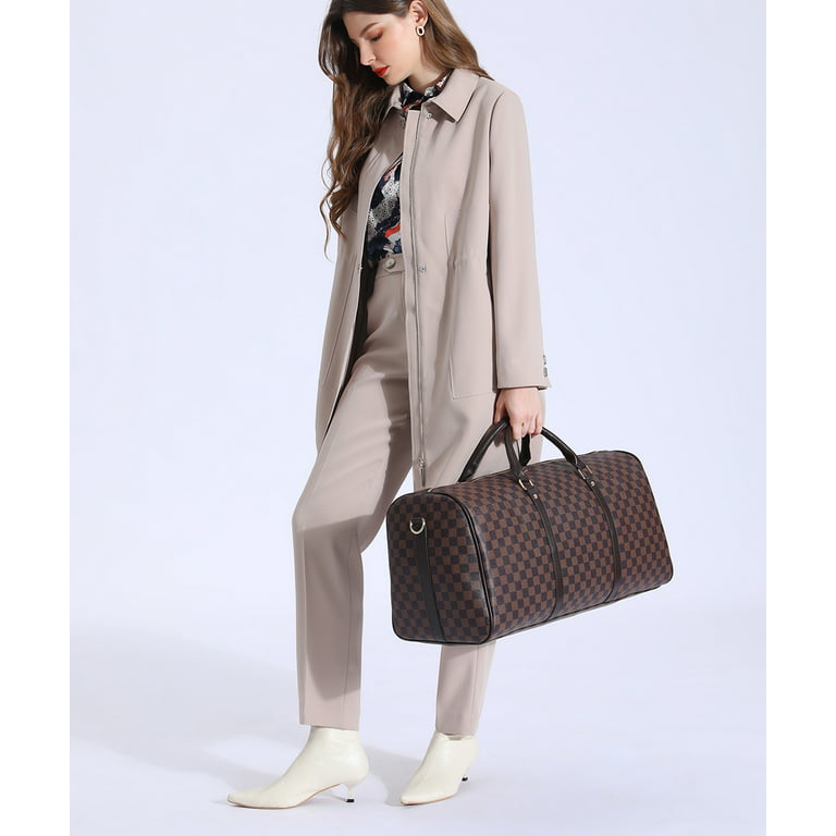 Skearow Fashion Checkered Duffle Bag,21L Large Capacity Luggage Bag,PU  Vegan Leather Overnight Bag,Travel Weekender Satchel Shoulder Bag