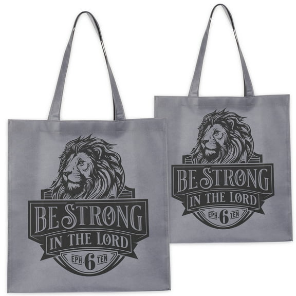 Christian Art Gifts Large Reusable Shopping Tote Bag for Men & Women: Be Strong Inspirational Bible Verse Durable Lion Handbag, Travel, Groceries, Reinforced Easy-Carry Handles, Charcoal Gray & Black