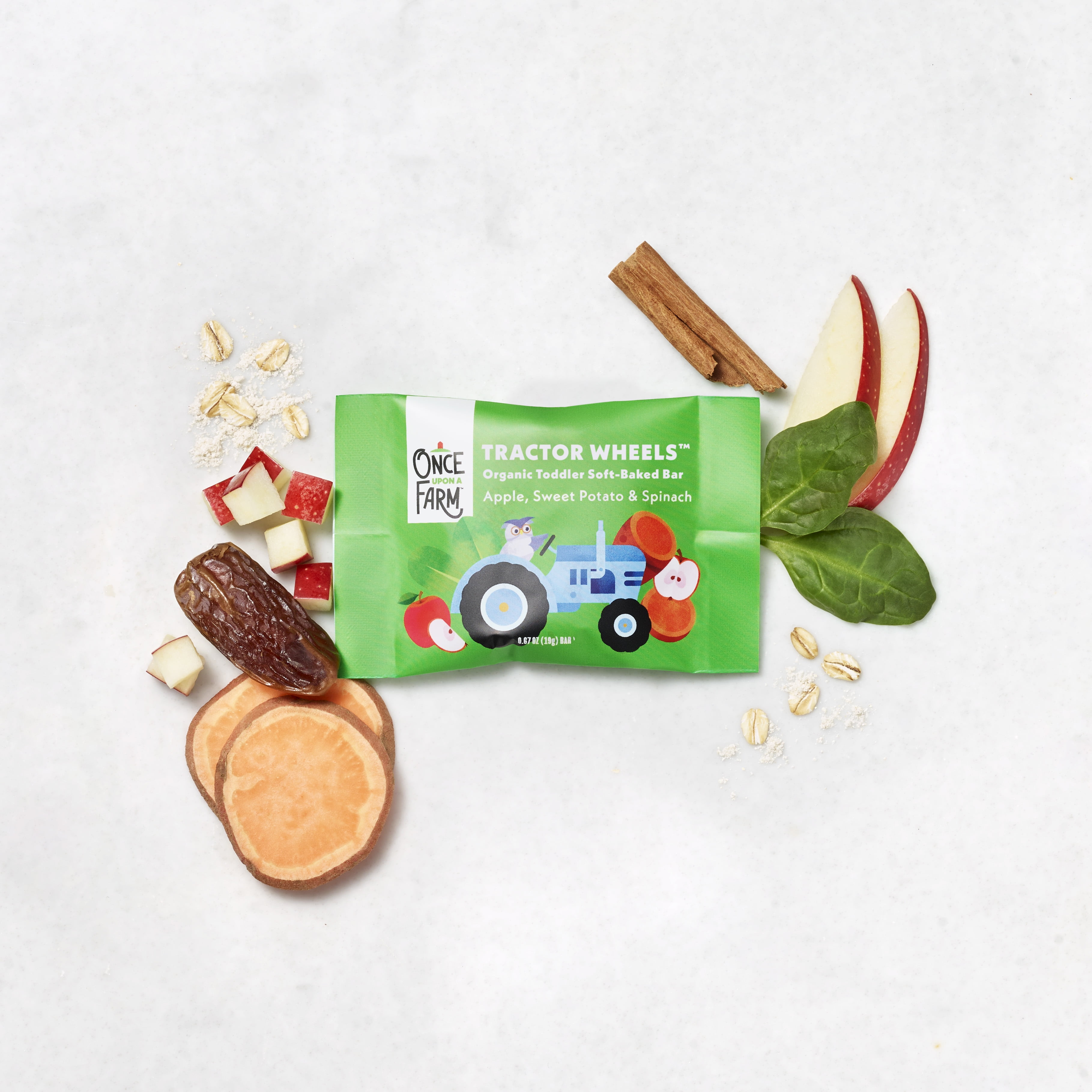 (8 pack) (8 pack) Once Upon a Farm Organic Tractor Wheels Toddler Bar, Apple, Sweet Potato & Spinach 5 Count