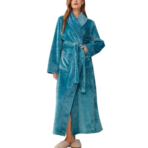 SWSMCLT Women's Fleece Bathrobe Pjs Long Thick Comfy Warm Sleeping Pajamas Long Sleeve Lounge Fall Medium Peacock Green Large-X-Large