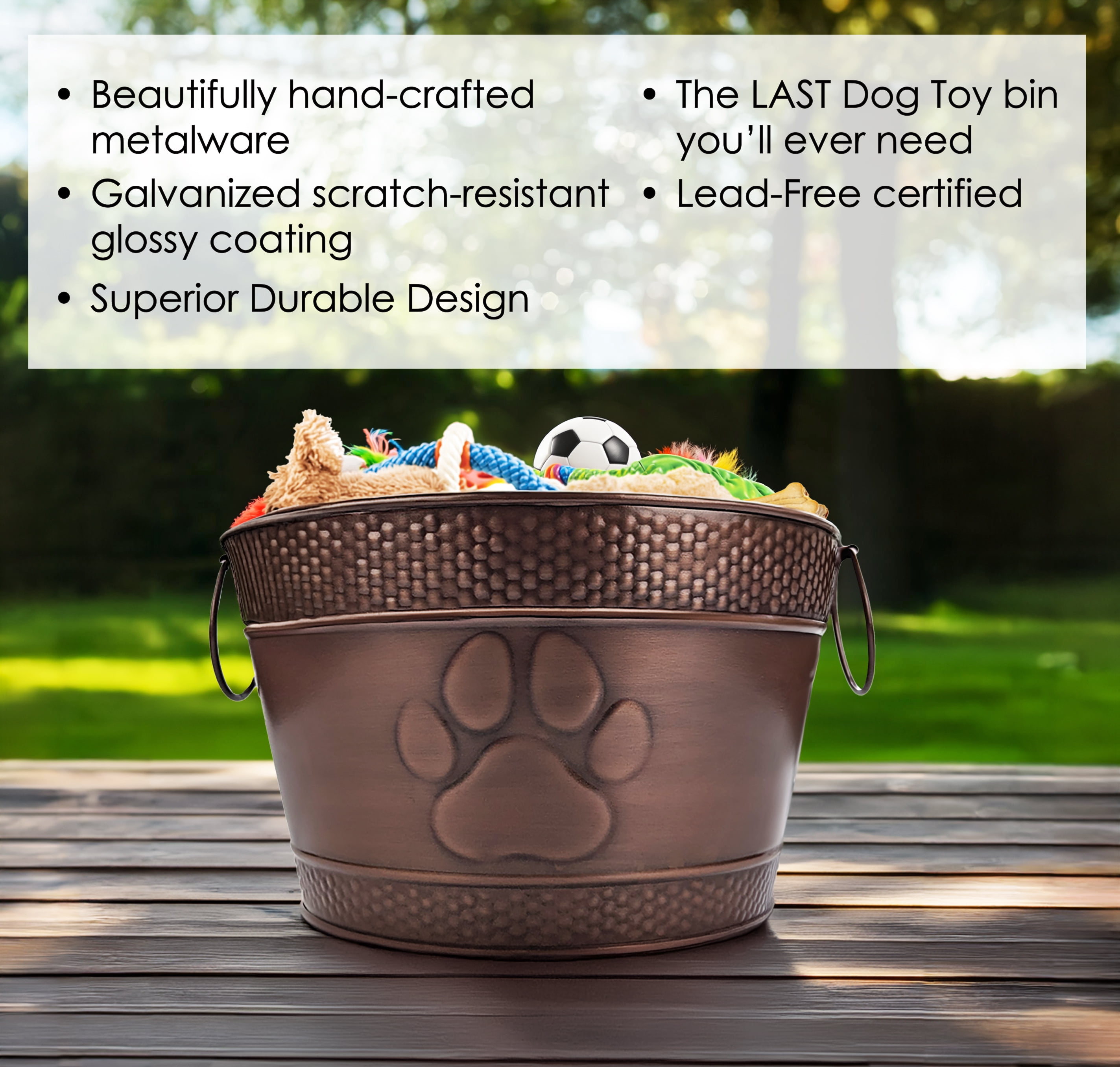 BREKX Metal Dog Toy Bin with Handles, Copper Finish, Storage Baskets (1 Pack)
