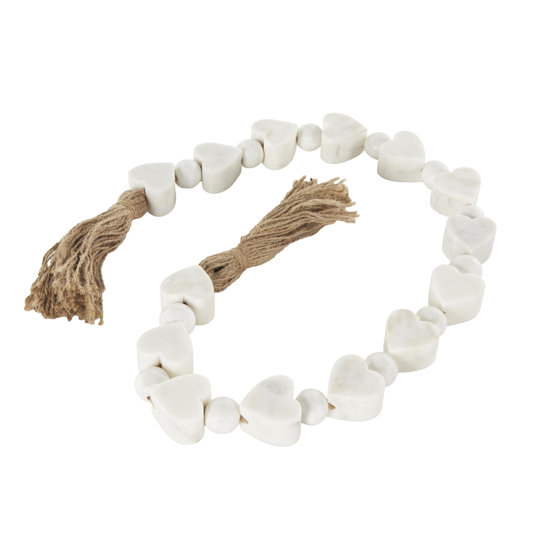 DecMode Handmade White Marble Heart Garland with Tassel with Knotted Jute