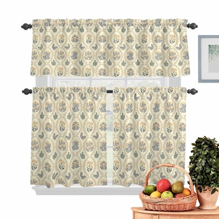 Farmhouse Floral Kitchen Curtains Valances 3 Piece Set Leaves Flowers Vintage Light Yellow Boho Rod Pocket Tier Curtain and Valance Drapes for Small Window 24 Inch Length for Bedroom Cafe