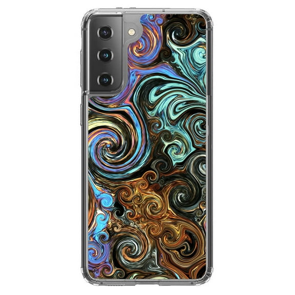 DistinctInk Clear Shockproof Hybrid Case for Galaxy S21  PLUS 5G (6.7" Screen) - TPU Bumper, Acrylic Back, Tempered Glass Screen Protector - Gold Brown Black Blue Abstract Swirls - Abstract Swirls