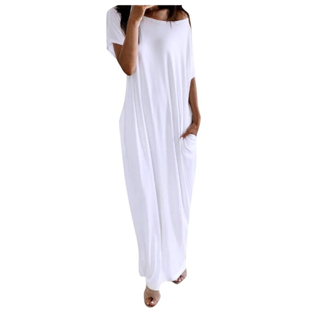 Vestido largo holgado de manga corta para mujer: hombros inclinados, bolsillos, poliéster, informal, tallas S-XL, 4-10 EE. UU.