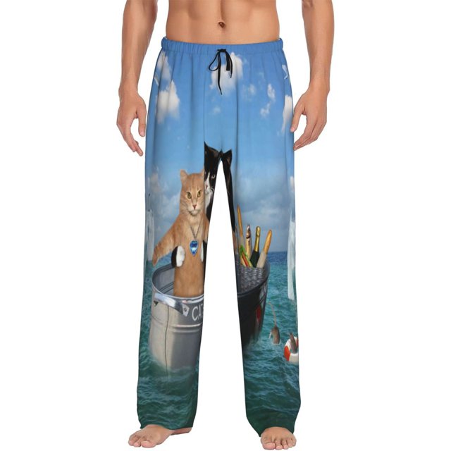 Kdxio Two Brave Cats Are Floating On The Sea Iceberg Pattern Men's Pajama Pants, Elastic Waist with Drawstring and Pockets, Comfortable Loungewear-Small