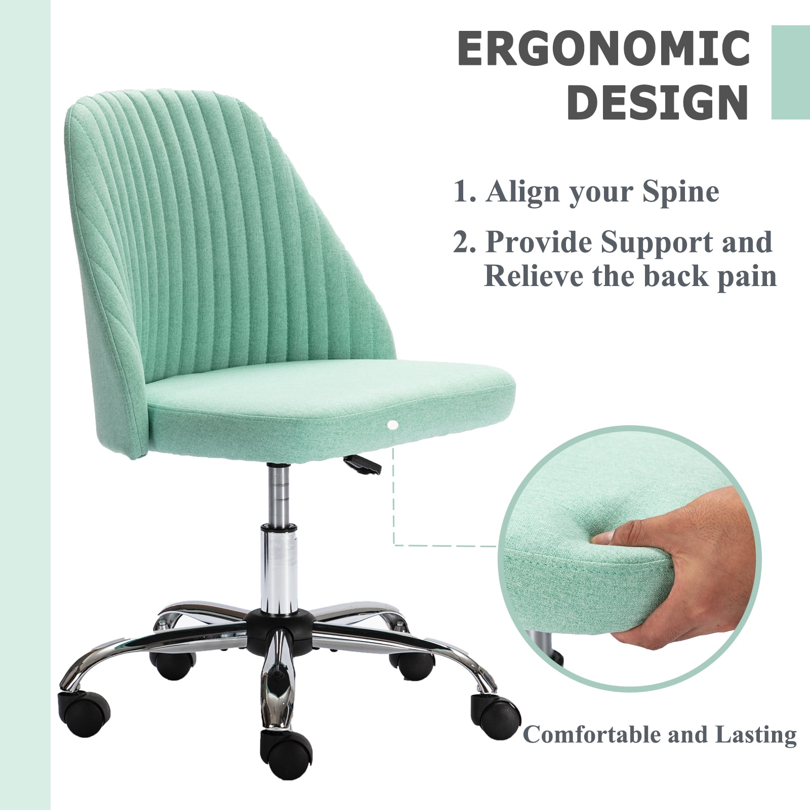 edx Vanity Chair, Armless Desk Chair with Wheels, Adjustable Swivel Fabric Makeup Chair, Comfortable Home Office Task Computer Chair, Green