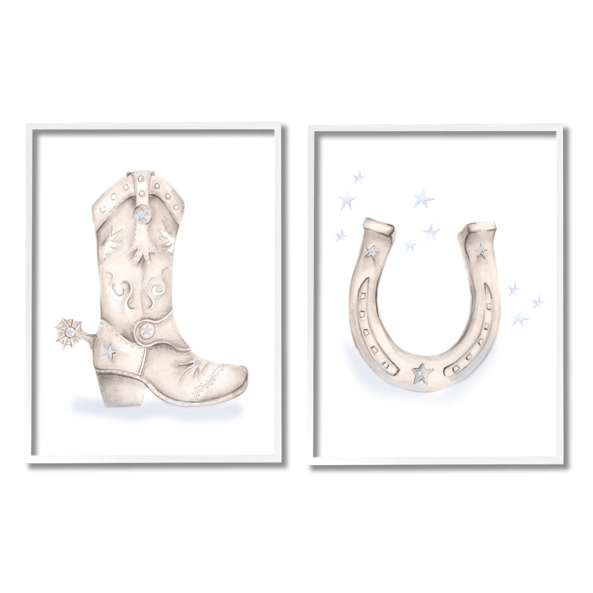 Stupell Industries Western Cowboy Boot Horseshoe Blue Stars Spur Graphic Art White Framed Art Print Wall Art, Set of 2, Design by Studio Q
