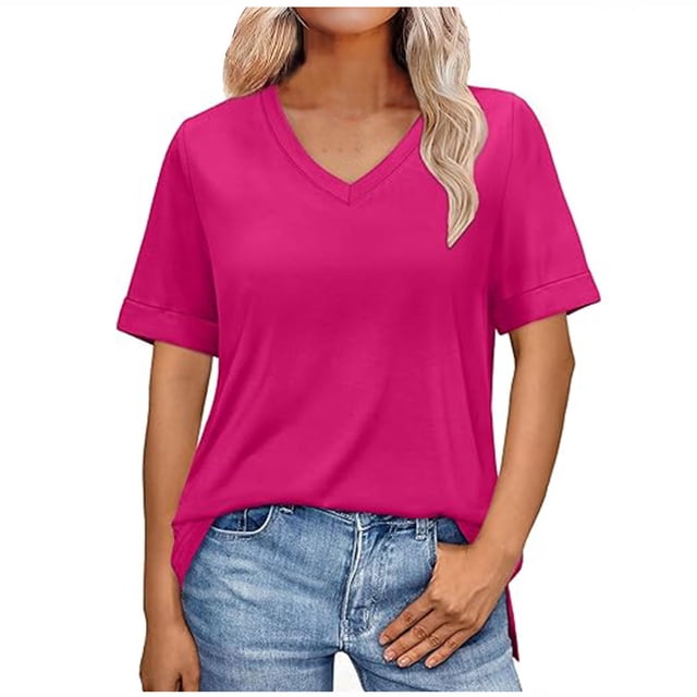 Womens Short Sleeve T Shirts Loose Fit V-Neck Summer Casual Basic Tee Solid Color Business Work Trendy Tops
