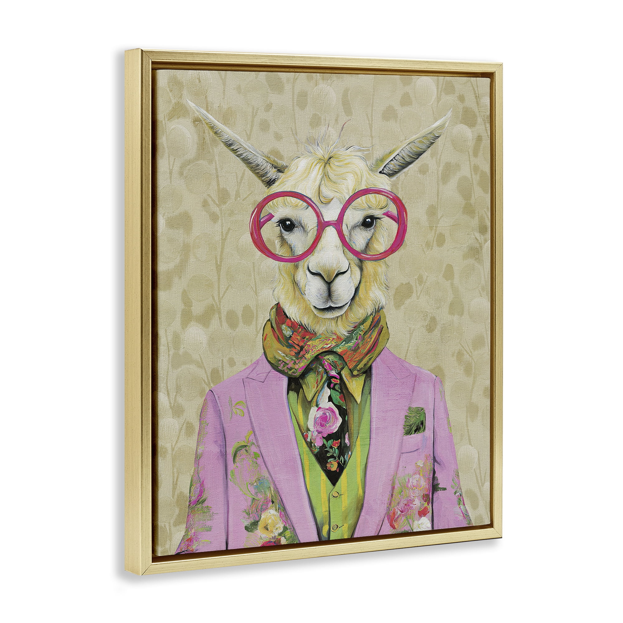 Stupell Industries Stylish Llama with Glasses Gold Framed Floater Canvas Wall Art, design by Svetlana Aleynikova